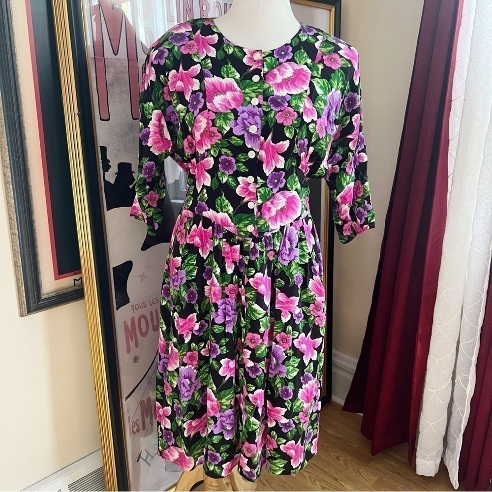 Caroline Wells Collection VTG Button Front Secretary Floral Dolman Sleeve Dress